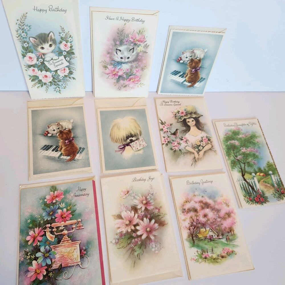 UNUSED Vintage 50s MCM LOT (10) Greeting Cards Glitter Kittens Floral Puppy